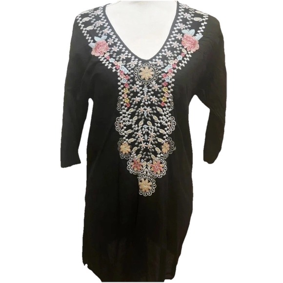 Johnny Was Black Boho‎ Embroidered Tunic Top Small Peasant Boho Luxury Designer